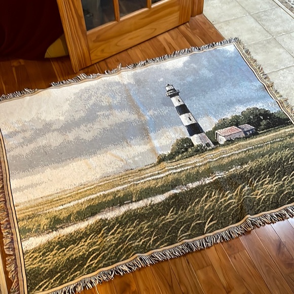 Lighthouse tapestry throw blanket 52”x64” signed Jim Harrison nautical